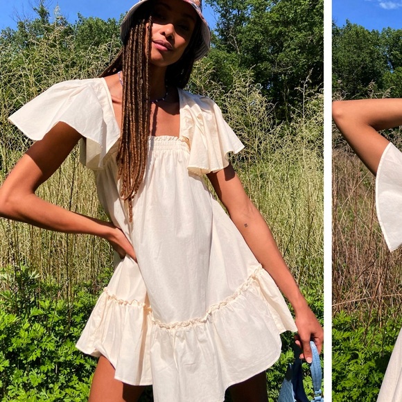 Free People Imogene Ivory Cotton Square Neck Flutter sleeve mini dress size xs - Picture 3 of 8